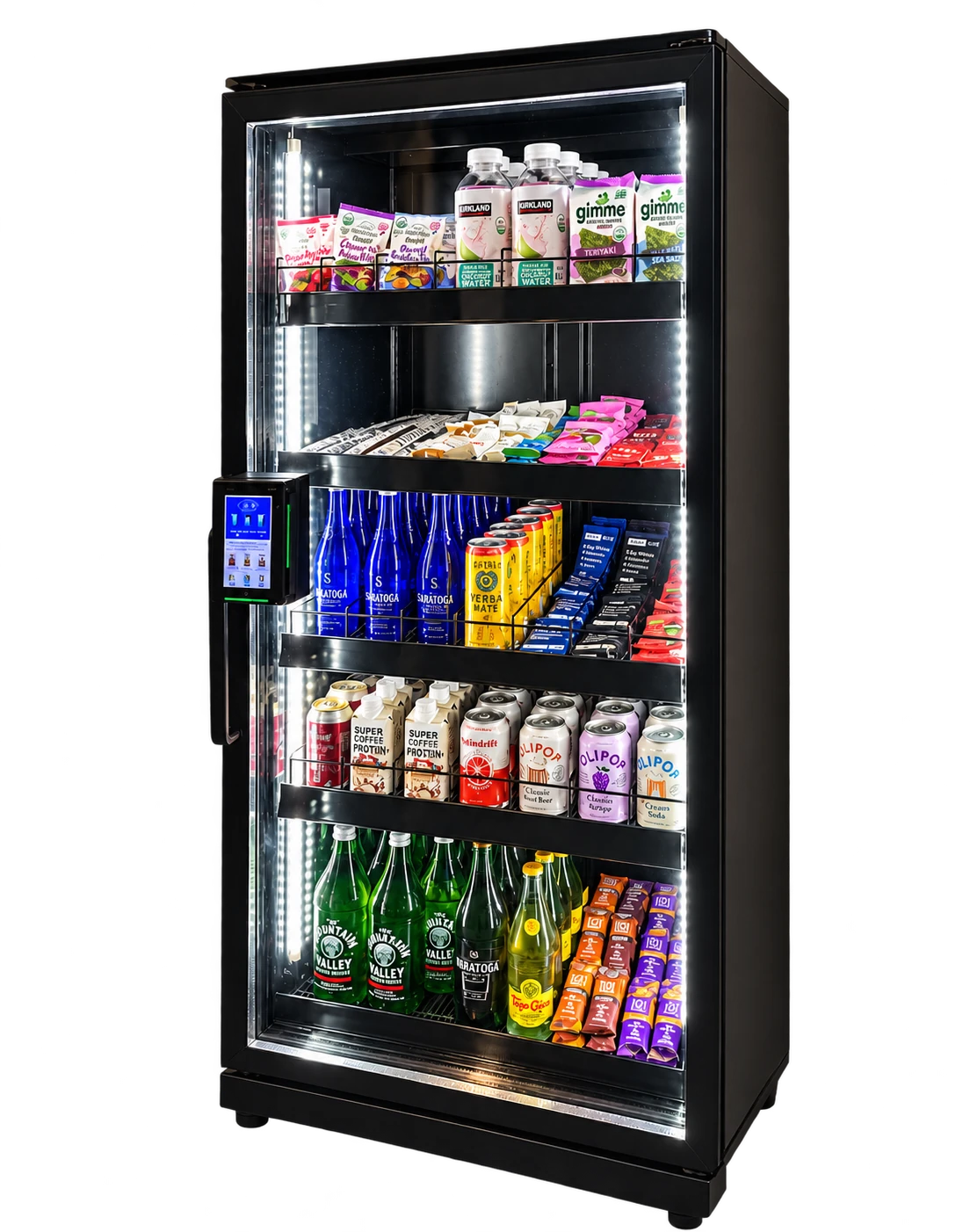 A refrigerated Ancestral Selections vending machine filled with snacks, sparkling water, and drinks